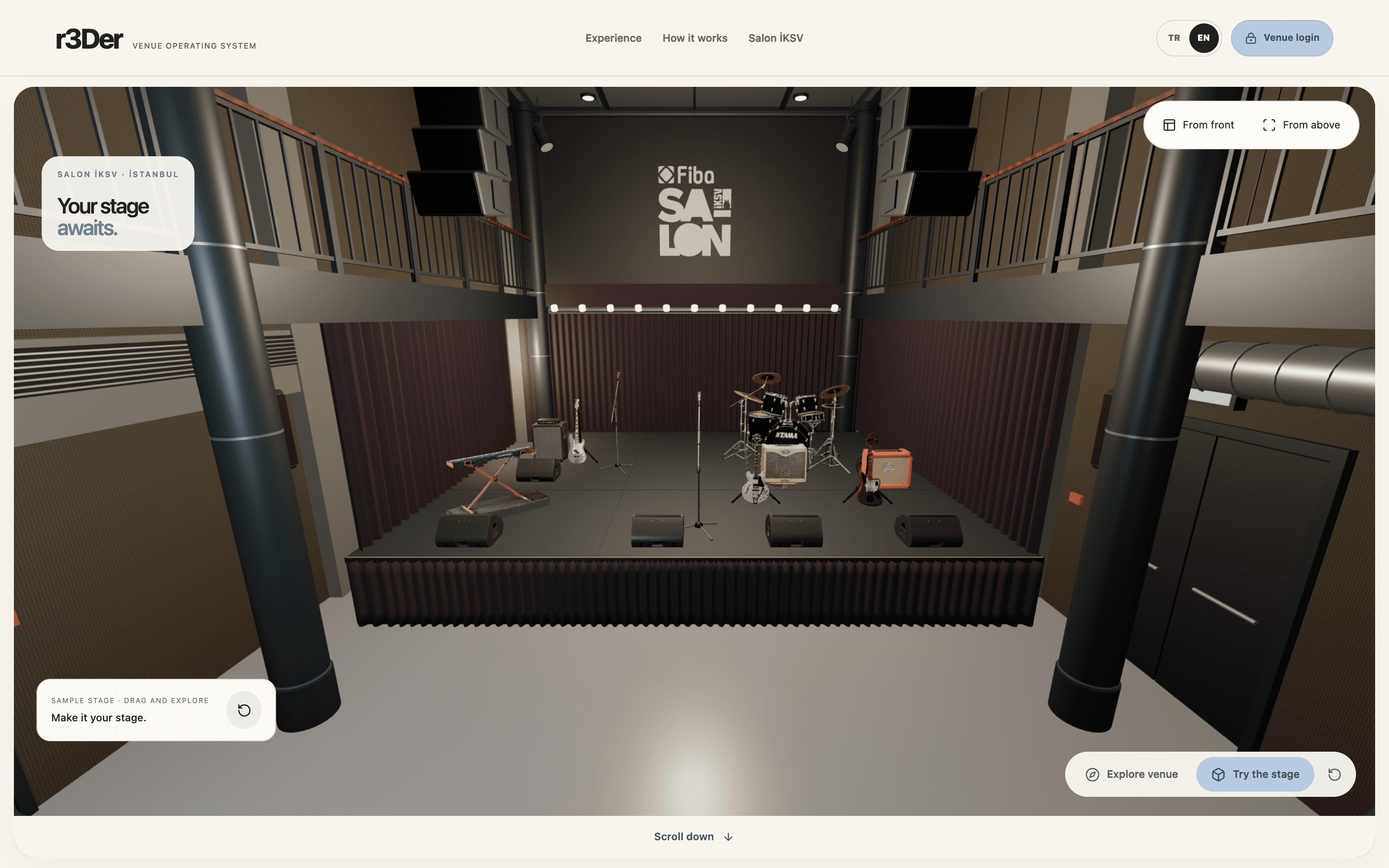 Current r3Der interface: Salon İKSV’s venue model with sample rider equipment on stage, venue exploration and stage review controls.