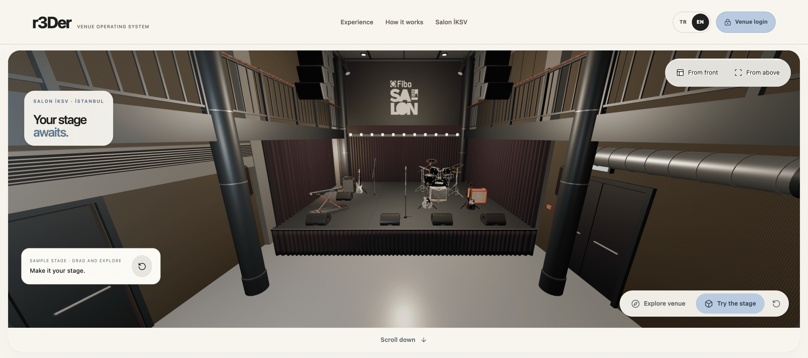 Current r3Der interface: Salon İKSV’s venue model with sample rider equipment on stage, venue exploration and stage review controls.