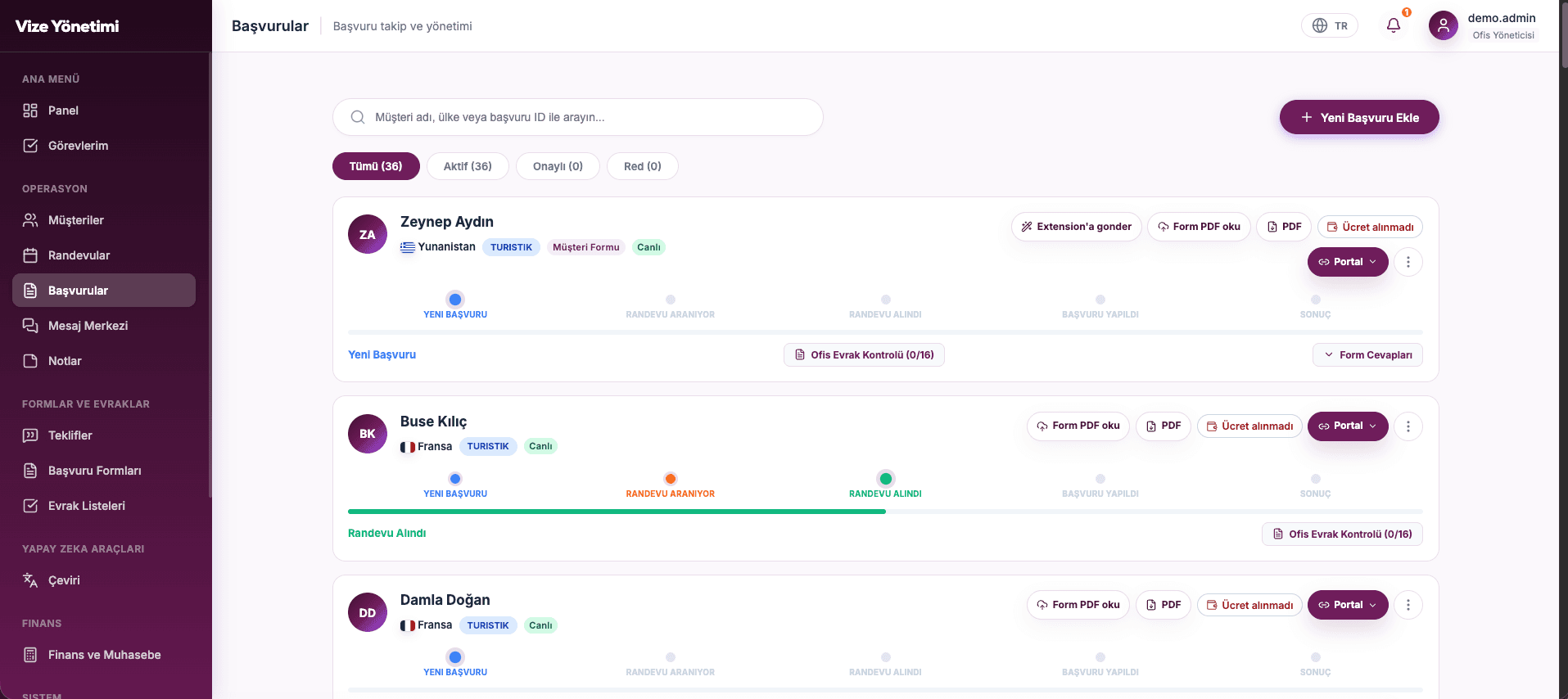 Visa application lifecycle management screen