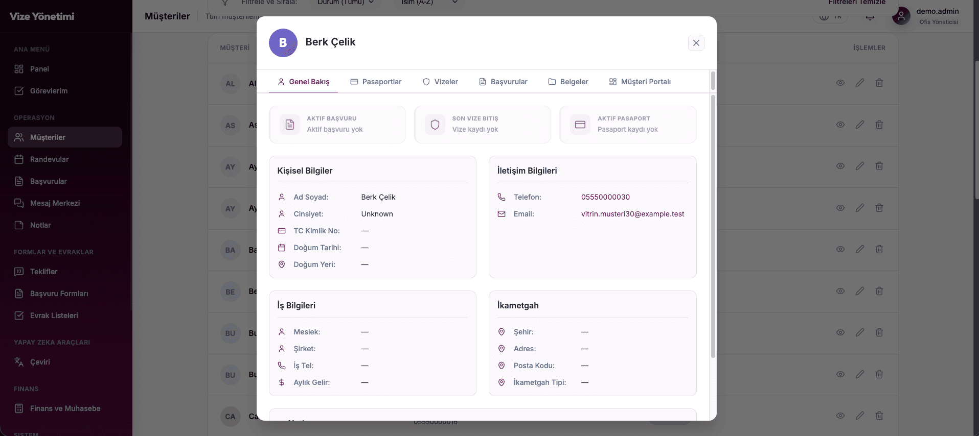 Customer record workspace with visa and document tabs