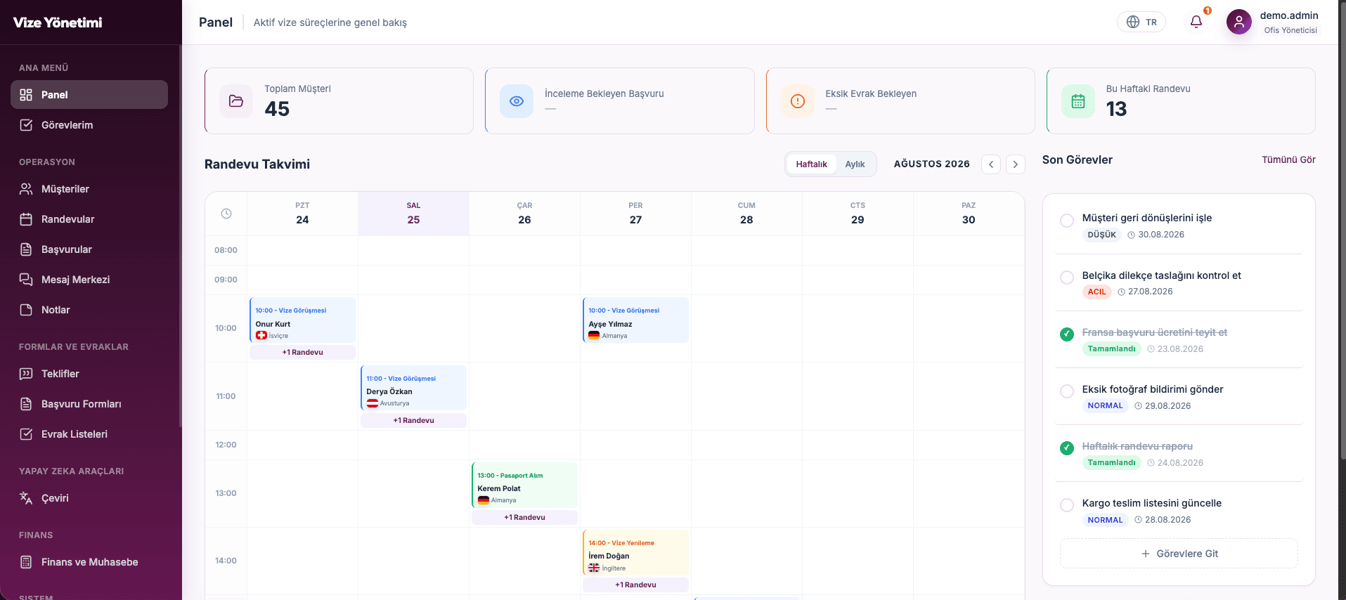 Visa Operations dashboard with appointment calendar and work queue